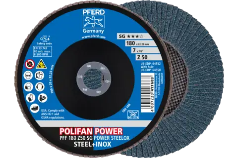POLIFAN POWER flap disc PFF 180x22.23 mm flat Z50 Performance Line SG STEELOX for steel/stainless steel 1