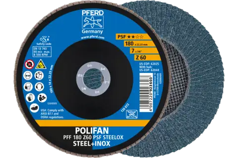 Disque à lamelles POLIFAN PFF 180x22,23 mm, plat, Z60, gamme universelle PSF STEELOX acier/acier inoxydable 1