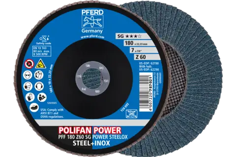 Disco de láminas lijadoras POWER POLIFAN PFF 180x22,23 mm plano Z60 SG STEELOX acero/acero inoxidable 1