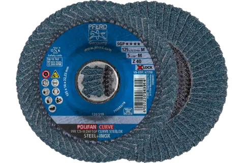 Flap Disc, 5", X-LOCK, Z SGP CURVE STEELOX, 40 Grit, Medium Radius, Zirconia 1