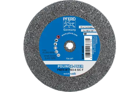 POLINOX verpresstes Vlies-Rad PNER Ø 75x3 mm Bohrung-Ø 6 mm Weich SIC Fein für Finish 1