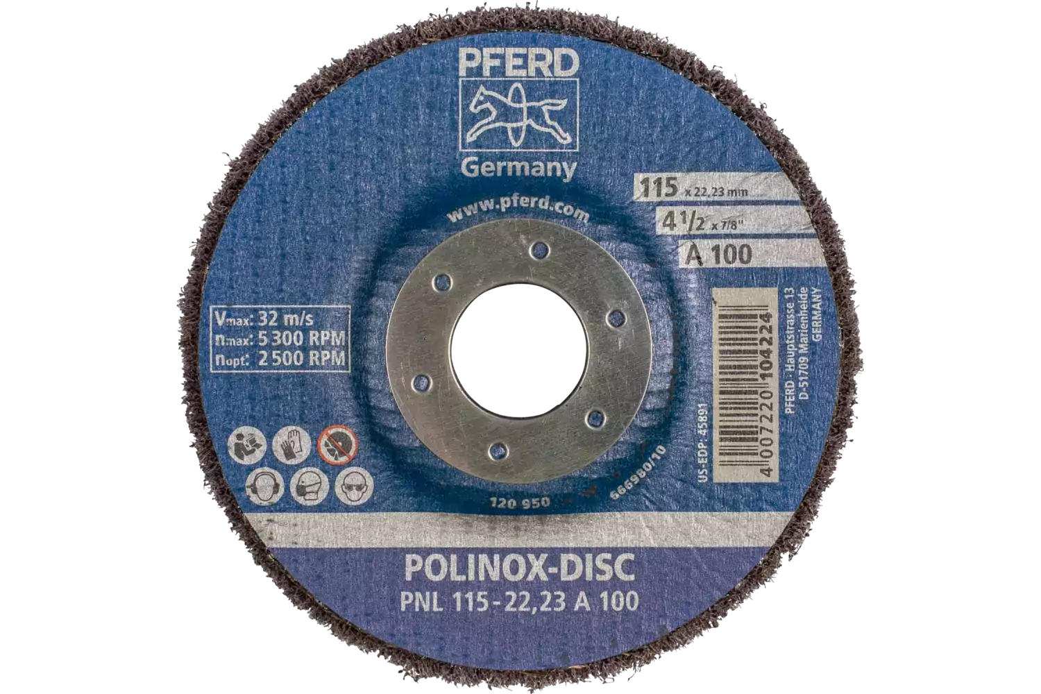 Disque abrasif en non-tissé POLINOX PNL Ø 115 mm, alésage Ø 22,23 mm, A100 pour ponçage fin et finition 3