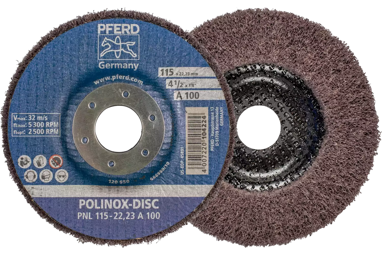 Disco abrasivo in non tessuto POLINOX PNL Ø 115 mm, foro Ø 22,23 mm A100 per finitura e finish 1