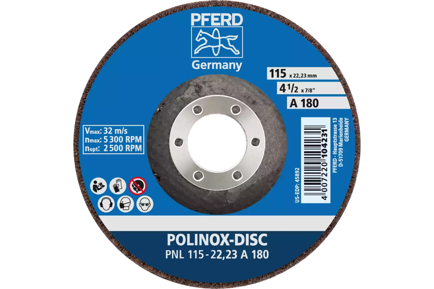 Disco abrasivo in non tessuto POLINOX PNL Ø 115 mm, foro Ø 22,23 mm A180 per finitura e finish 3