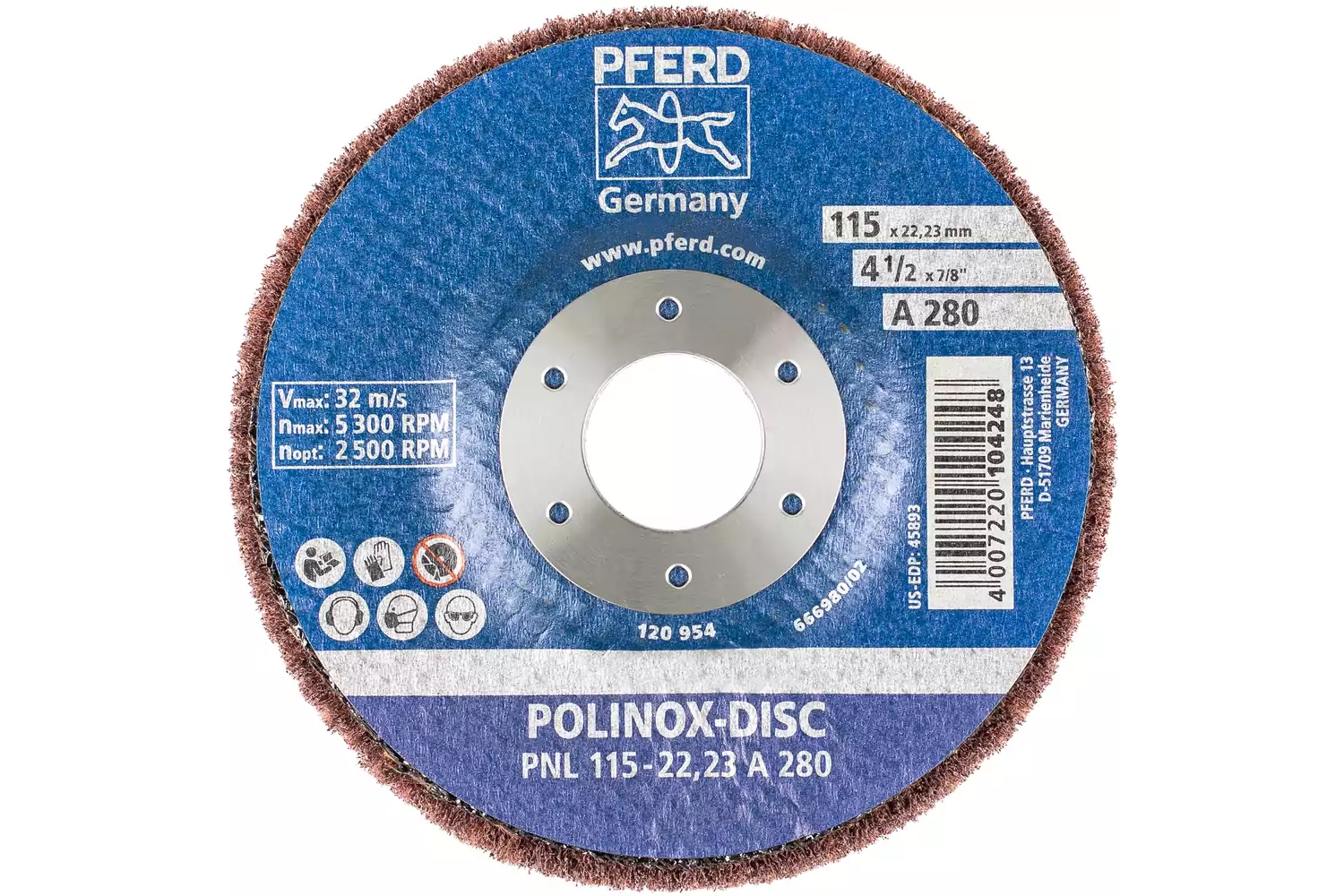 Disque abrasif en non-tissé POLINOX PNL Ø 115 mm, alésage Ø 22,23 mm, A280 pour ponçage fin et finition 3