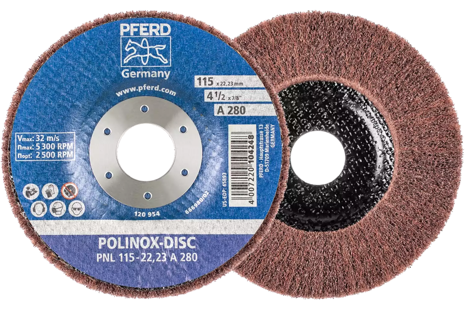 Disco abrasivo in non tessuto POLINOX PNL Ø 115 mm, foro Ø 22,23 mm A280 per finitura e finish 1