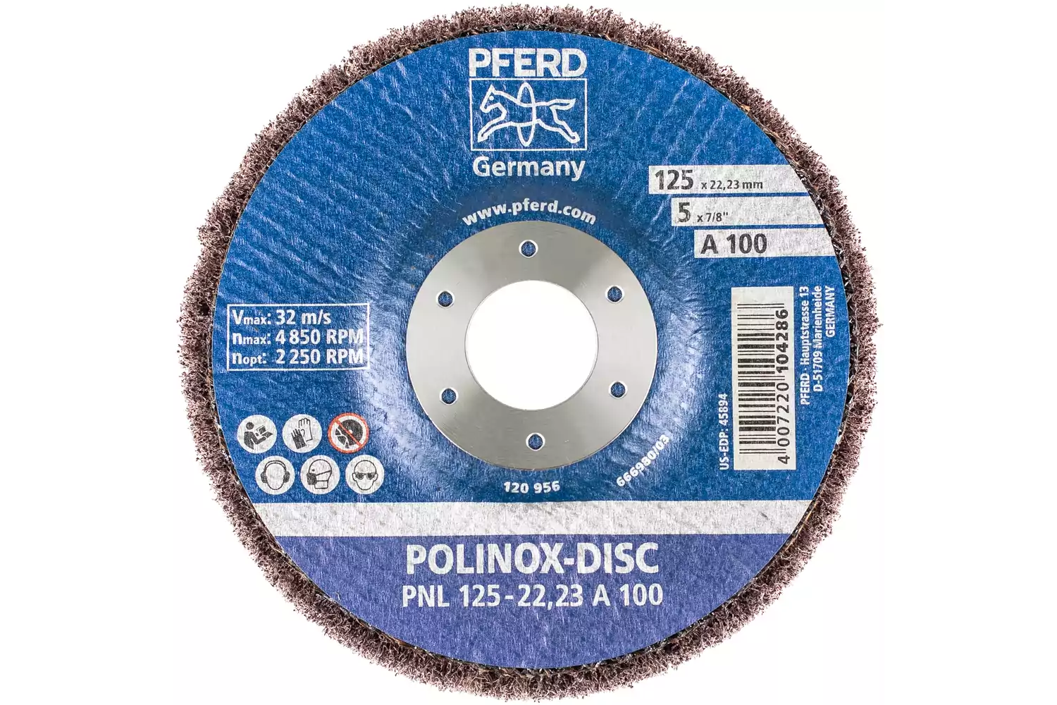 Disque abrasif en non-tissé POLINOX PNL Ø 125 mm, alésage Ø 22,23 mm, A100 pour ponçage fin et finition 3