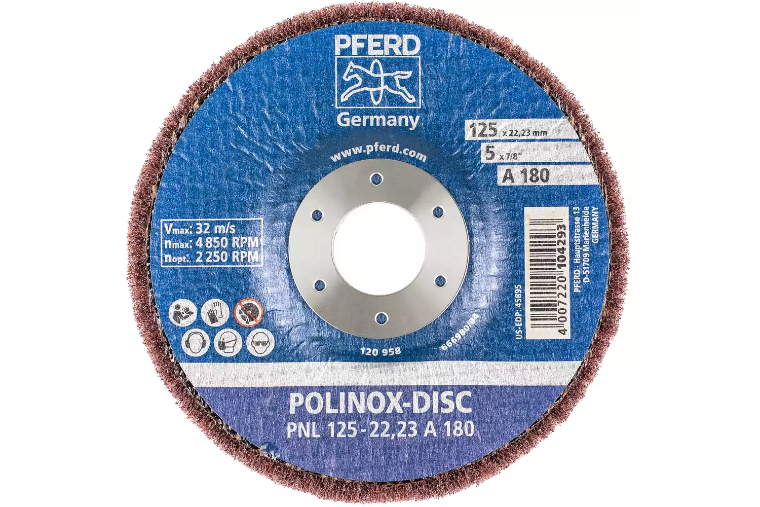Disque abrasif en non-tissé POLINOX PNL Ø 125 mm, alésage Ø 22,23 mm, A180 pour ponçage fin et finition 3
