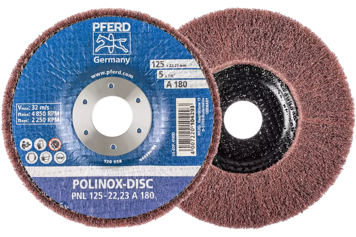 Disco abrasivo in non tessuto POLINOX PNL Ø 125 mm, foro Ø 22,23 mm A180 per finitura e finish 1
