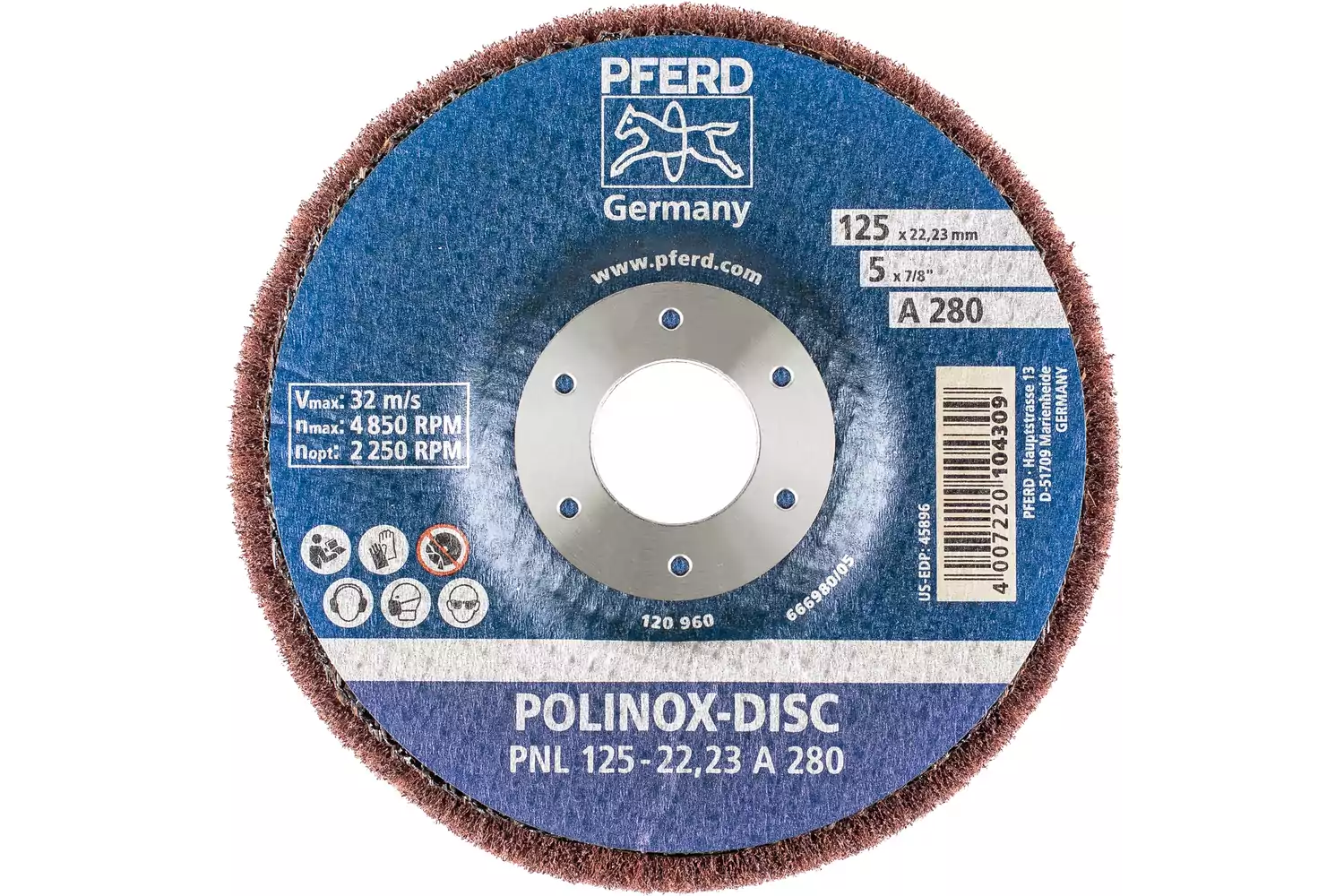 Disco abrasivo in non tessuto POLINOX PNL Ø 125 mm, foro Ø 22,23 mm A280 per finitura e finish 3