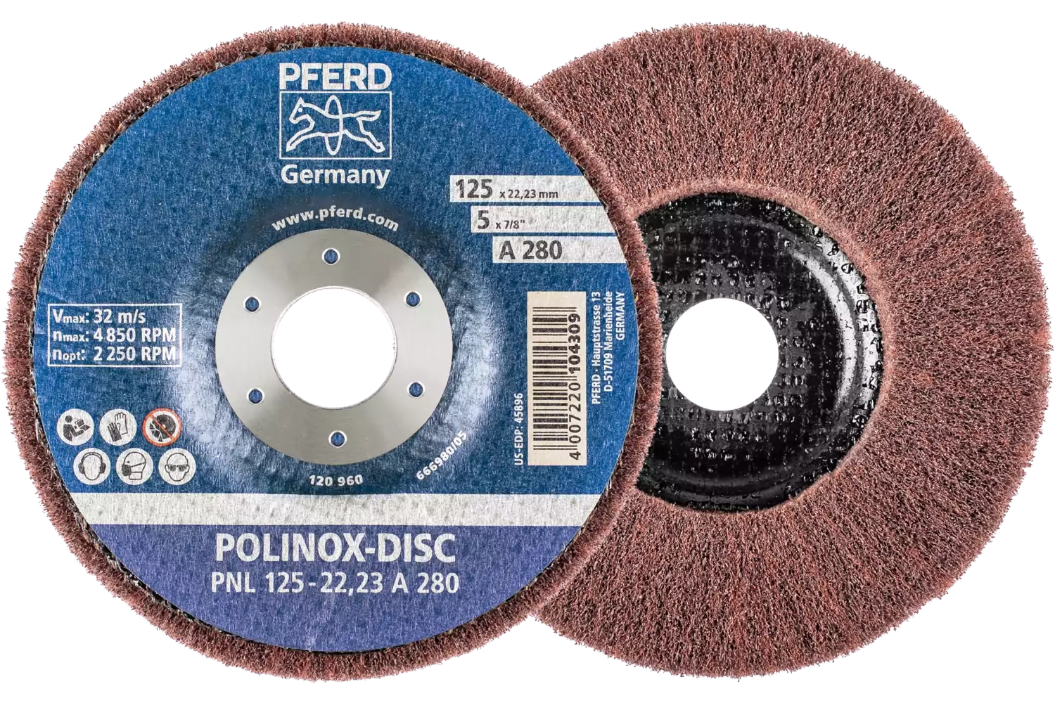 Disque abrasif en non-tissé POLINOX PNL Ø 125 mm, alésage Ø 22,23 mm, A280 pour ponçage fin et finition 1