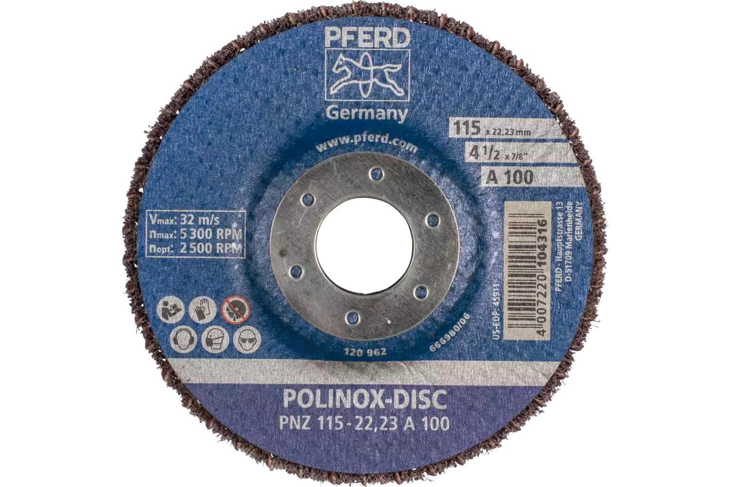 Disco abrasivo in non tessuto POLINOX PNZ 115 mm, foro Ø 22,23 mm A100 per finitura e finish 3