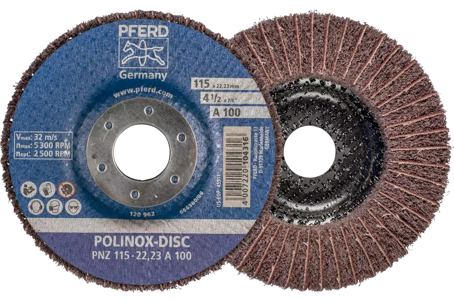 POLINOX Vlies-Schleifdisc PNZ Ø 115 mm Bohrung-Ø 22,23 mm A100 für Feinschliff und Finish 1