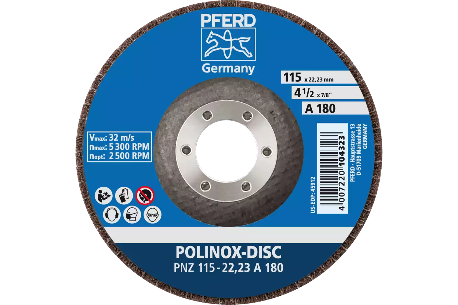 Disco abrasivo in non tessuto POLINOX PNZ 115 mm, foro Ø 22,23 mm A180 per finitura e finish 3