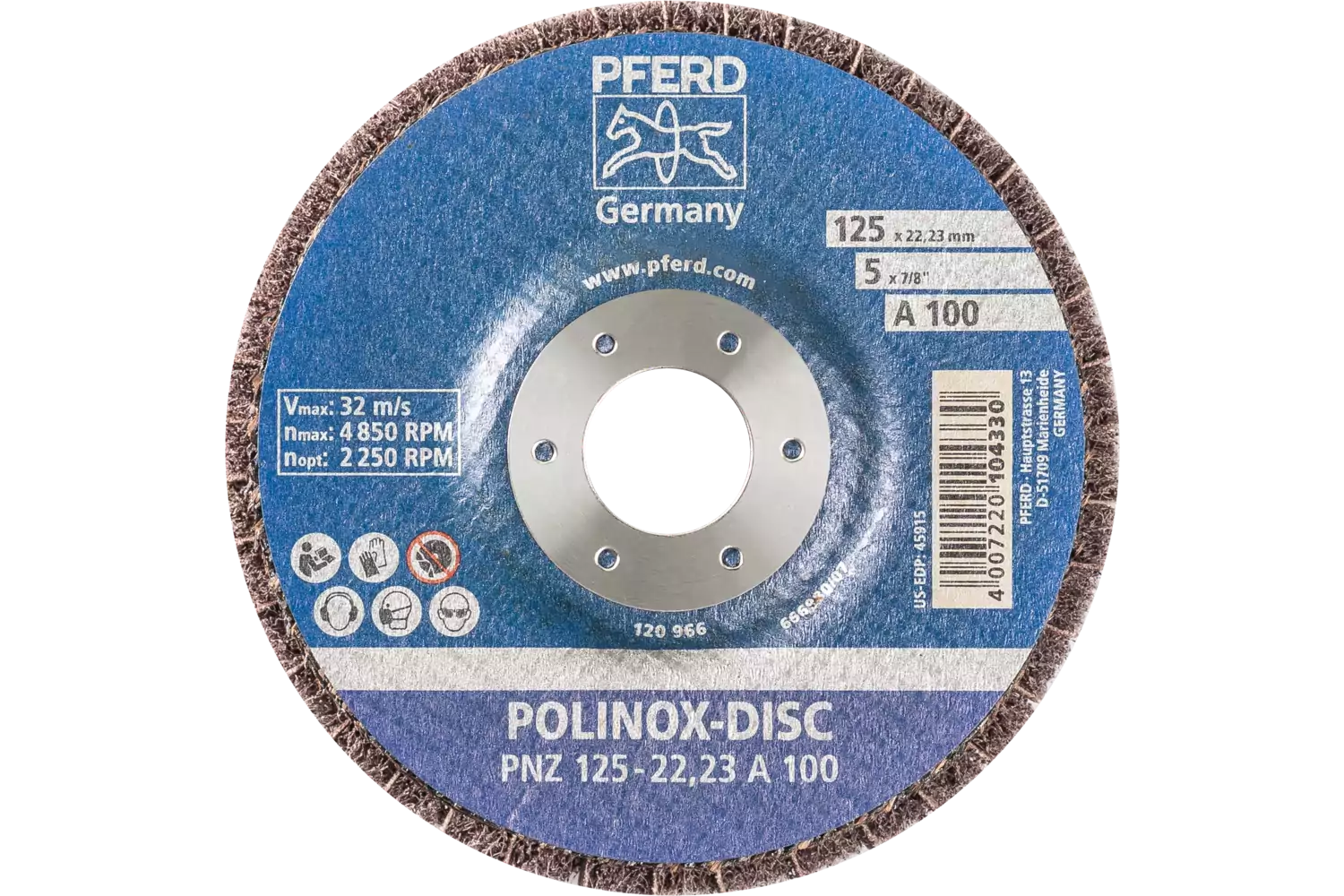 Disco abrasivo in non tessuto POLINOX PNZ 125 mm, foro Ø 22,23 mm A100 per finitura e finish 3