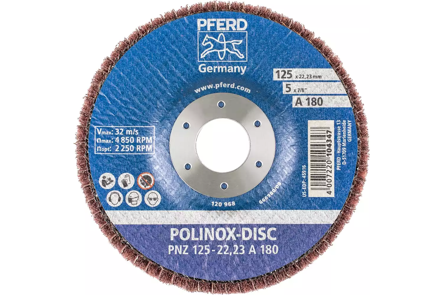 Disque abrasif en non-tissé POLINOX PNZ Ø 125 mm, alésage Ø 22,23 mm, A180 pour ponçage fin et finition 3