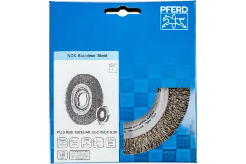 POS wheel brush wide crimped RBU dia. 150x38xvariable hole stainless steel wire dia. 0.30 bench grinder 2