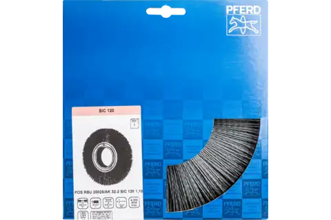 Spazzola a disco larga con filo non ritorto RBU Ø 200x25xvari. , filamento in SiC Ø 1,10 mm, granulo 120, smerigliatrice da banco 2