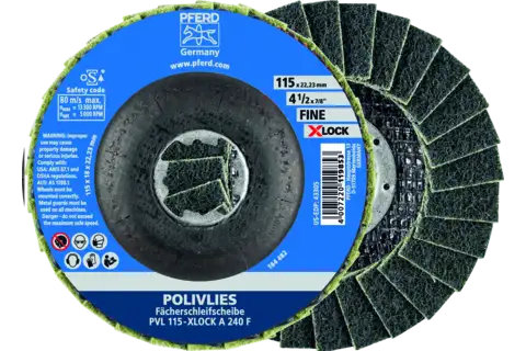 Disque à lamelles POLIVLIES PVL, corindon, Ø 115 mm, alésage 22,23 mm/X-LOCK, A240F pour ponçage fin 1