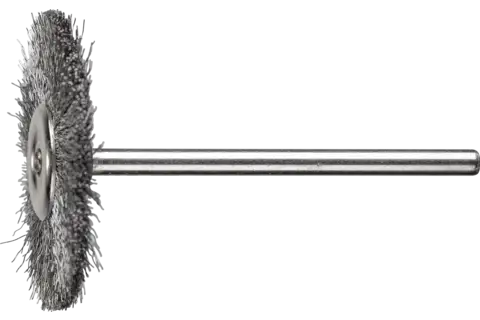 Miniaturowa szczotka tarczowa RBU Ø32 × 2 mm trzpień Ø3 mm drut ze stali nierdzewnej Ø0,10 1