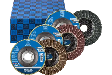 Assortiment de disques à lamelles POLIVLIES PVL, corindon, Ø 115 mm, alésage Ø22,23 mm, A100, 180, 280 1